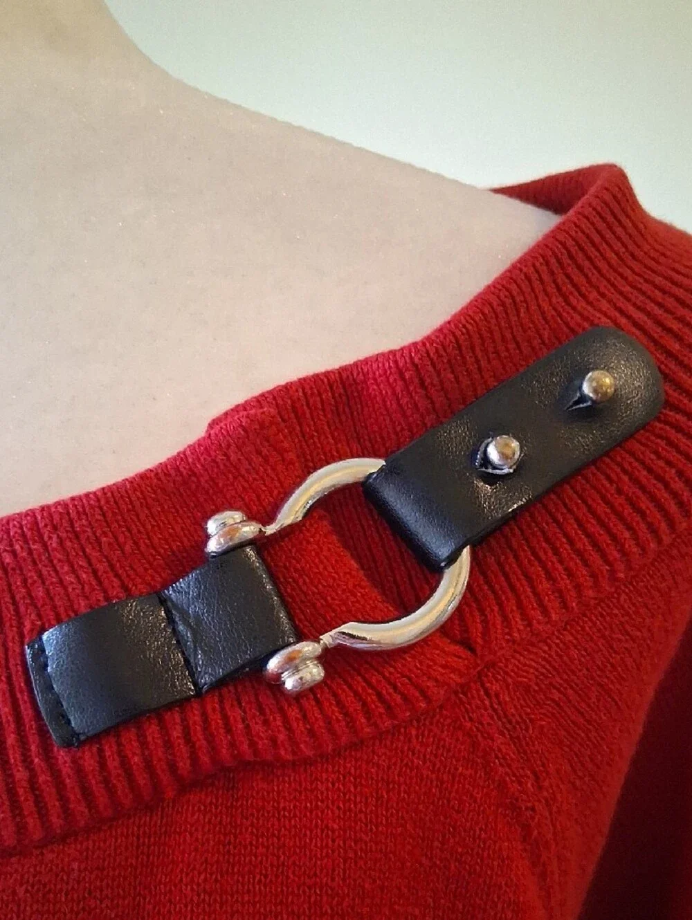 Ralph Lauren Deep Red Off-Shoulder Sweater with Buckle Accent 100% Cotton